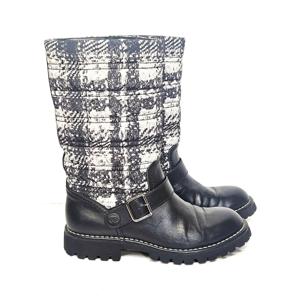 Chanel Calfskin Tweed Nylon Printed Boots 37.5 Black CC Logo‎ Lug Sole Y2K Style